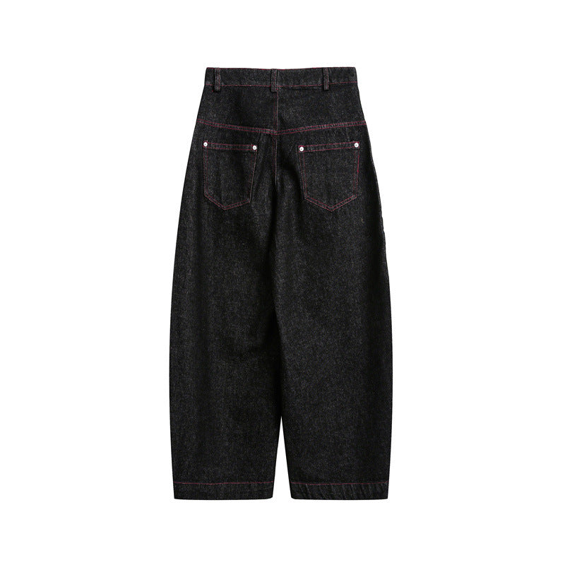 Dark wash denim jeans, wide-leg style, with contrast red topstitching and back pockets.