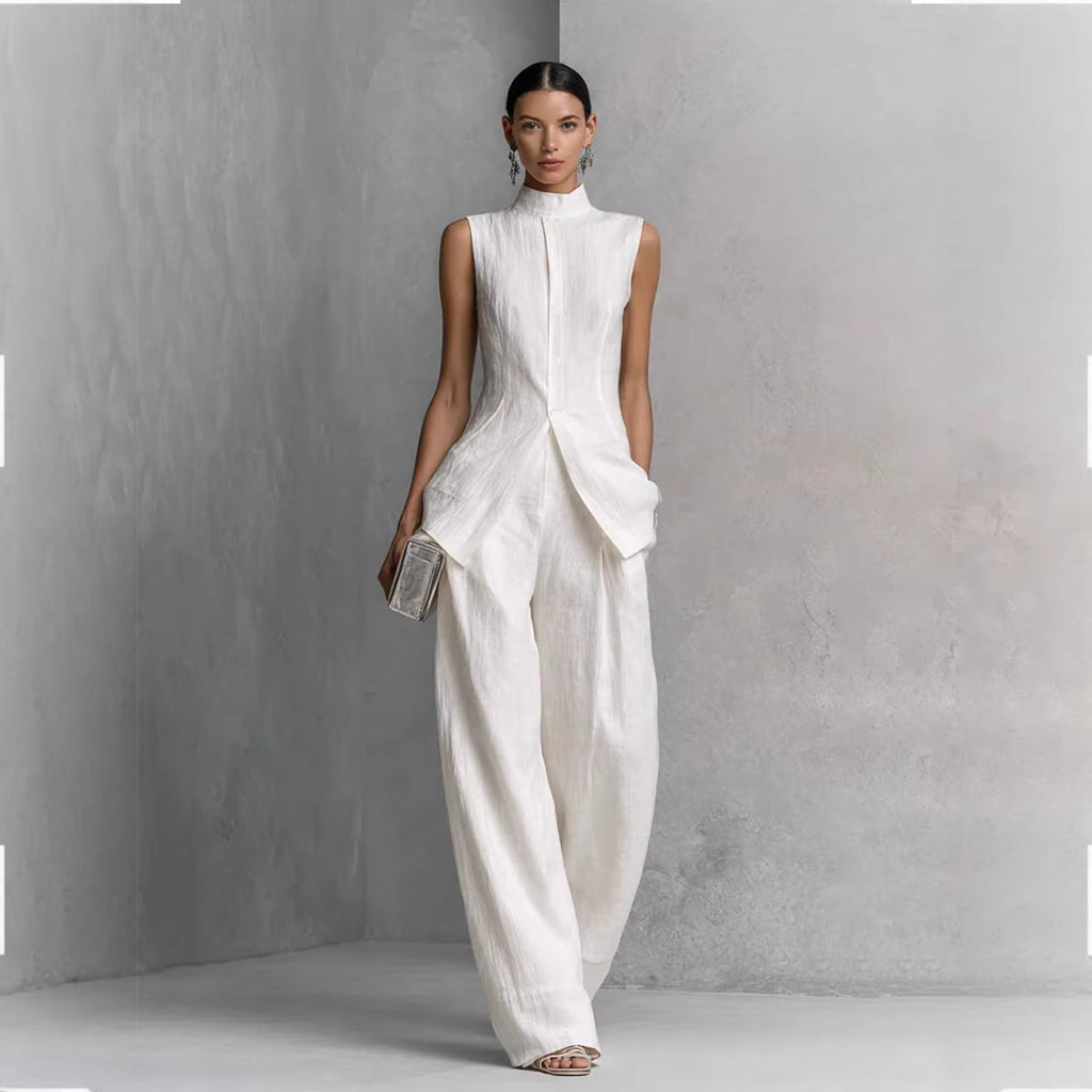 Women's solid color sleeveless top and long pants two-piece casualwear set by Plush Fashion Hub in four colors, available in XS to XXL.
