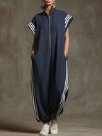 Fashionable Stripe Zipper Stand Collar Jumpsuit for Spring and Summer