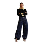 NewDouble Waistband Rivet Spliced Denim Pants