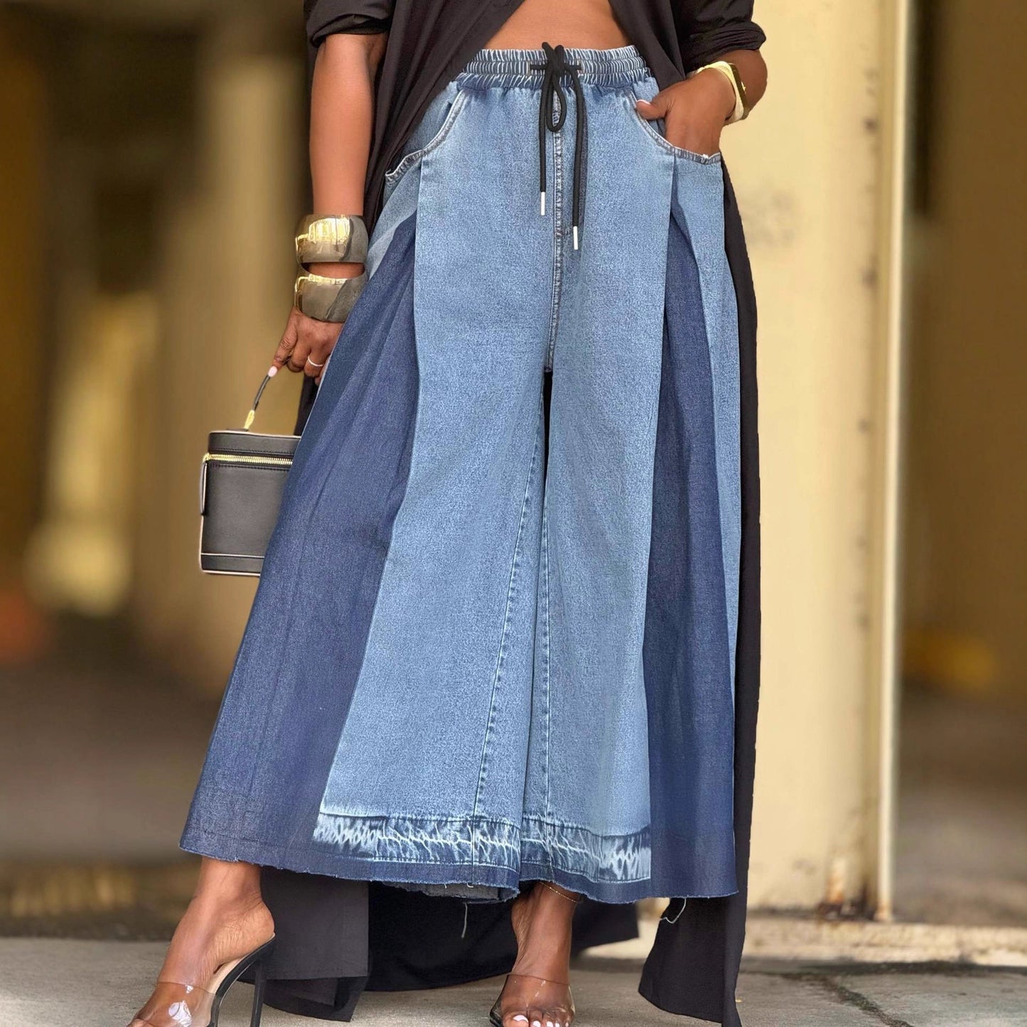 Street style elastic drawstring pleated color-blocked wide-leg cropped jeans from Plush Fashion Hub, showing the vibrant design and fit.
