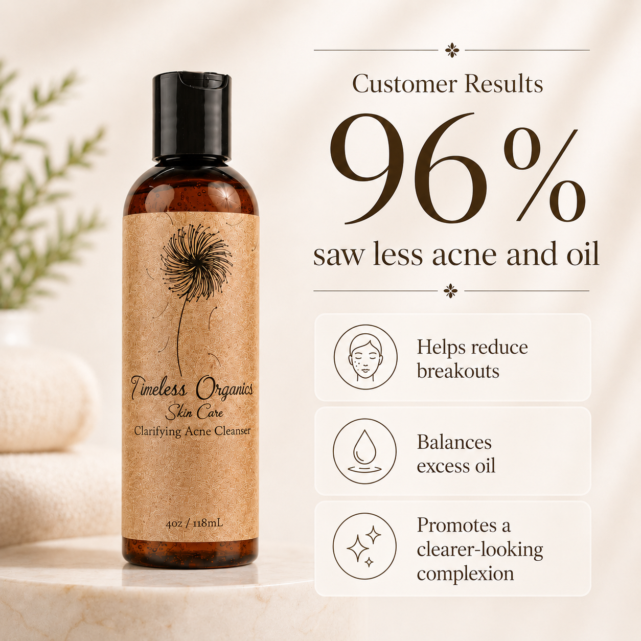Plush Fashion Hub clarifying acne cleanser in a sleek bottle, designed to help reduce breakouts and clear skin.