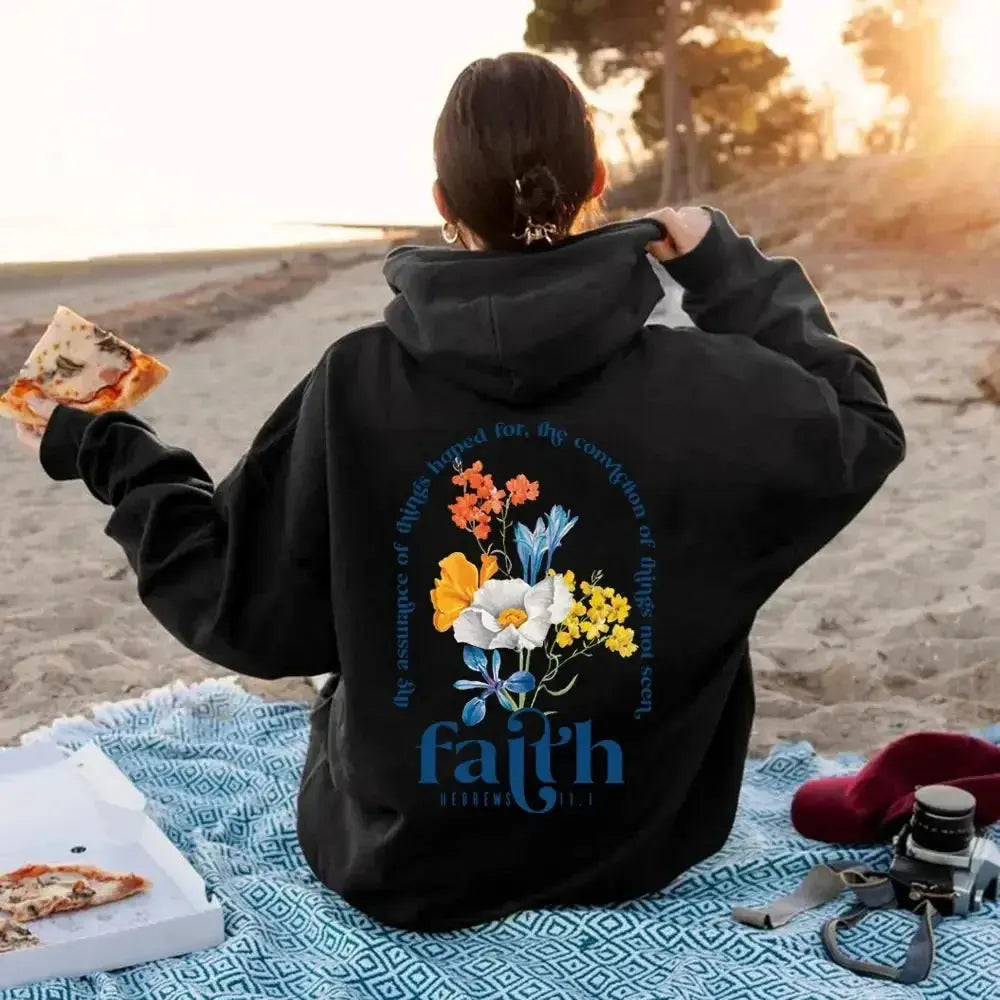 Aesthetic Christian Bible verse hoodie for women, soft plush pullover with inspirational religious design by Plush Fashion Hub.