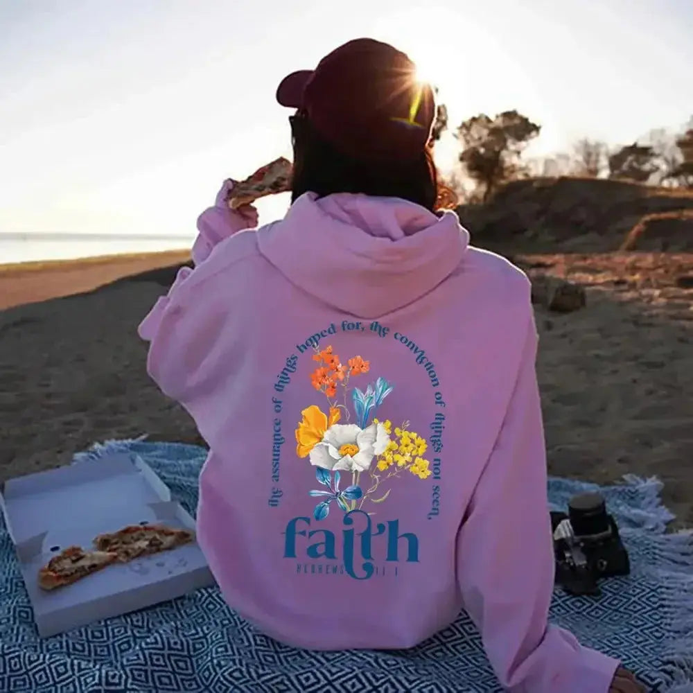 Aesthetic Christian Bible verse hoodie for women, plush soft pullover with inspirational scripture design by Plush Fashion Hub.
