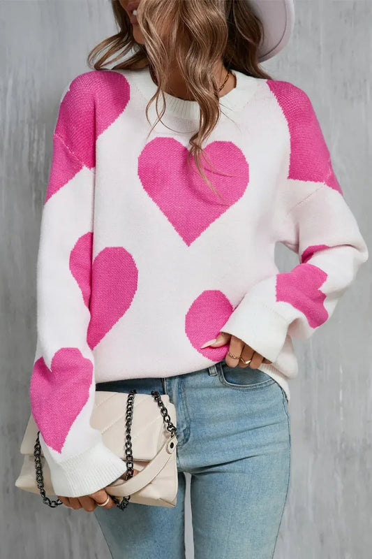 Angel Wings Contrast Heart Dropped Shoulder Long Sleeve Sweater - Plush Fashion Hub
