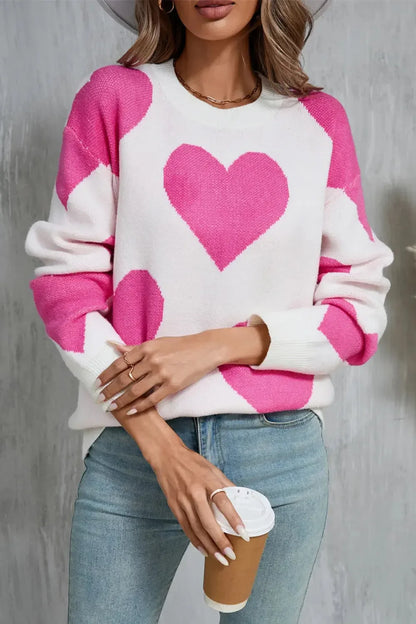 Angel Wings Contrast Heart Dropped Shoulder Long Sleeve Sweater - Plush Fashion Hub