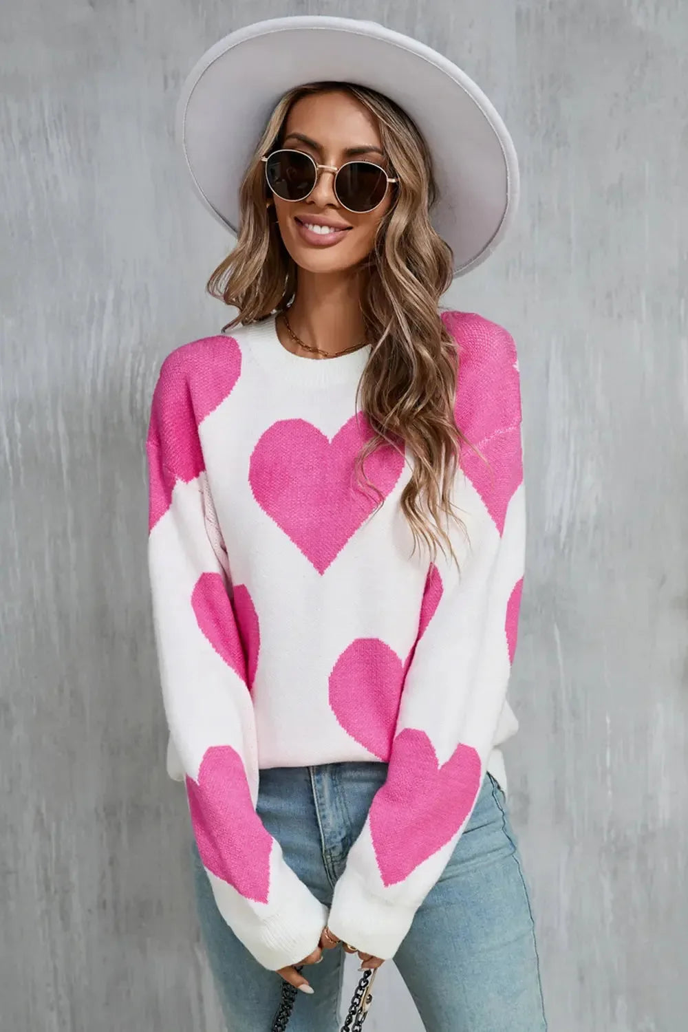 Angel Wings Contrast Heart Dropped Shoulder Long Sleeve Sweater - Plush Fashion Hub