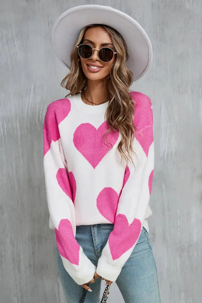 Angel Wings Contrast Heart Dropped Shoulder Long Sleeve Sweater - Plush Fashion Hub