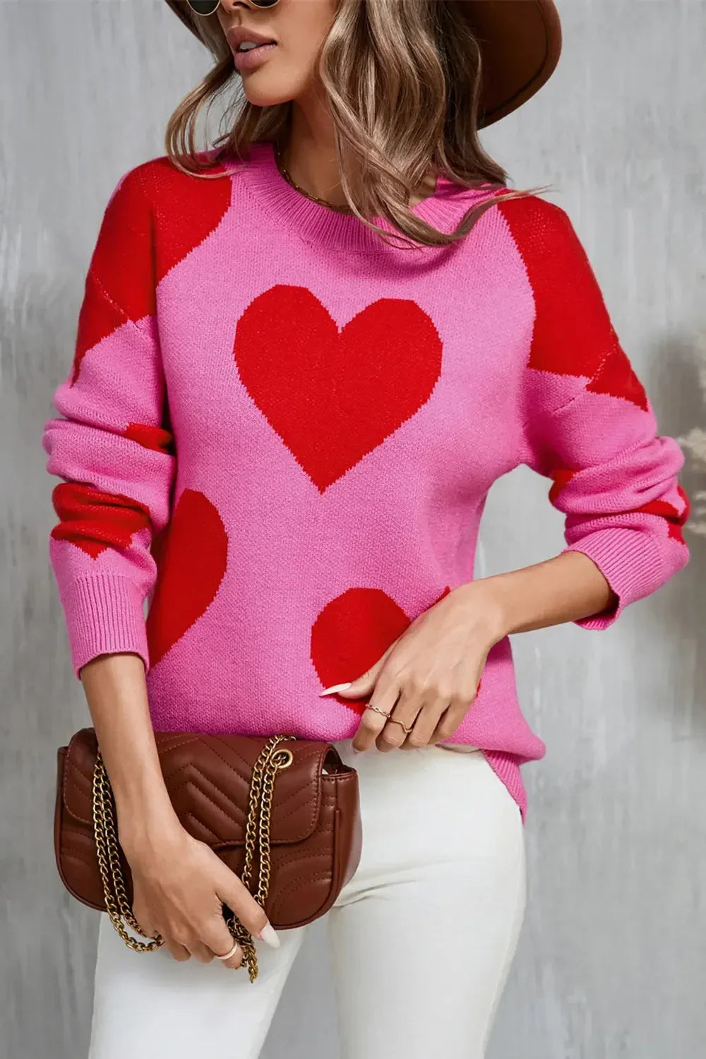 Angel Wings Contrast Heart Dropped Shoulder Long Sleeve Sweater - Plush Fashion Hub