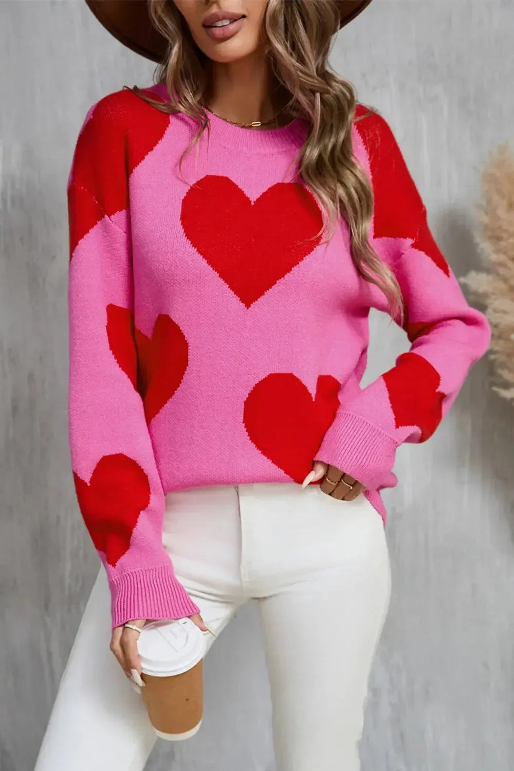 Angel Wings Contrast Heart Dropped Shoulder Long Sleeve Sweater - Plush Fashion Hub