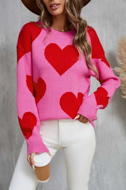 Angel Wings Contrast Heart Dropped Shoulder Long Sleeve Sweater - Plush Fashion Hub