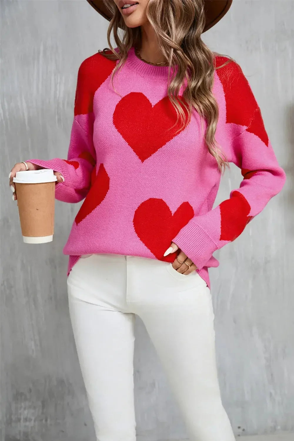 Angel Wings Contrast Heart Dropped Shoulder Long Sleeve Sweater - Plush Fashion Hub