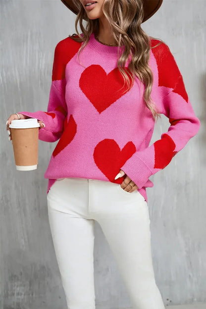 Angel Wings Contrast Heart Dropped Shoulder Long Sleeve Sweater - Plush Fashion Hub