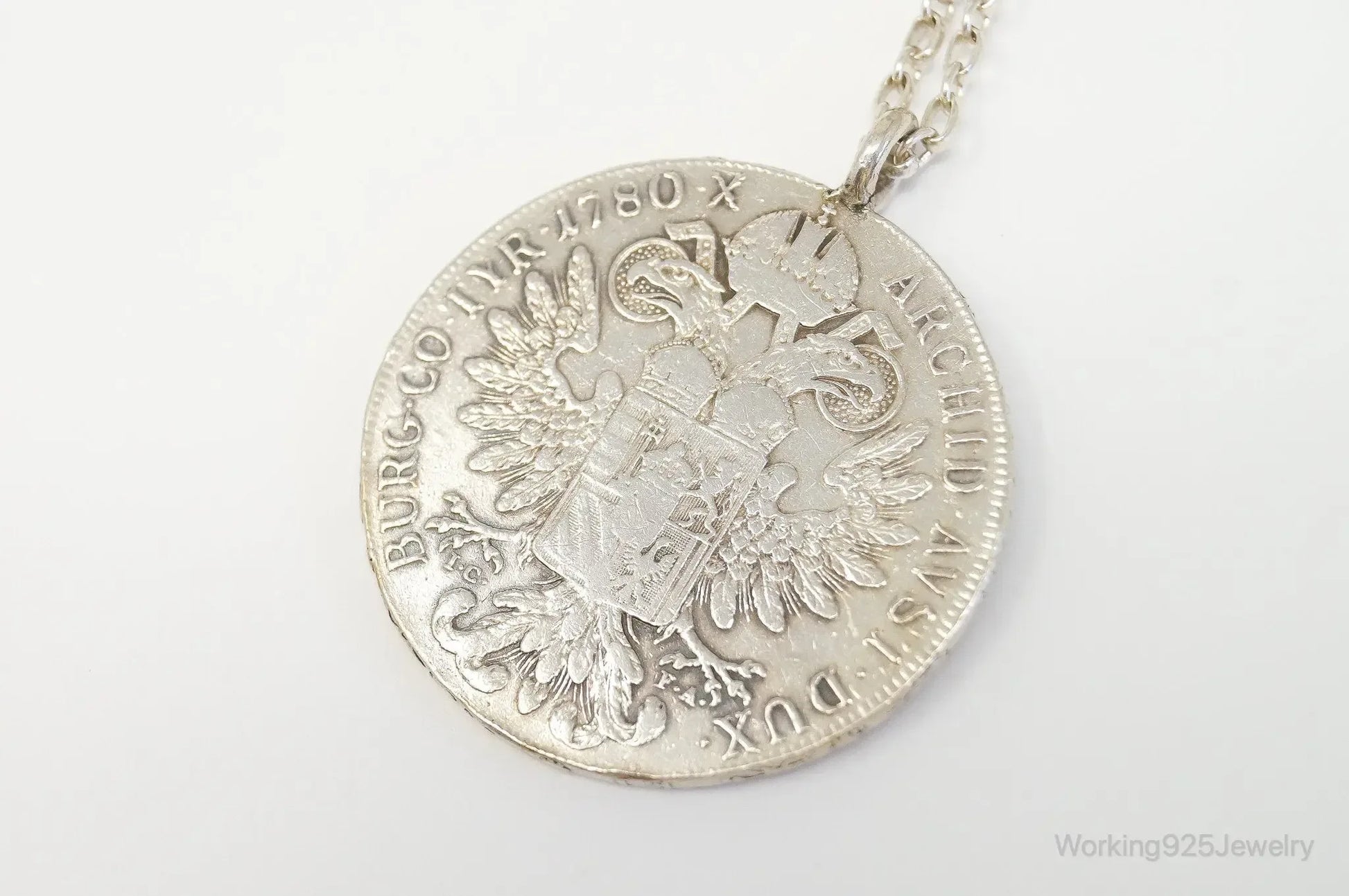 Antique 1780 M. Theresia Austrian Silver Thaler Coin Necklace - Plush Fashion Hub