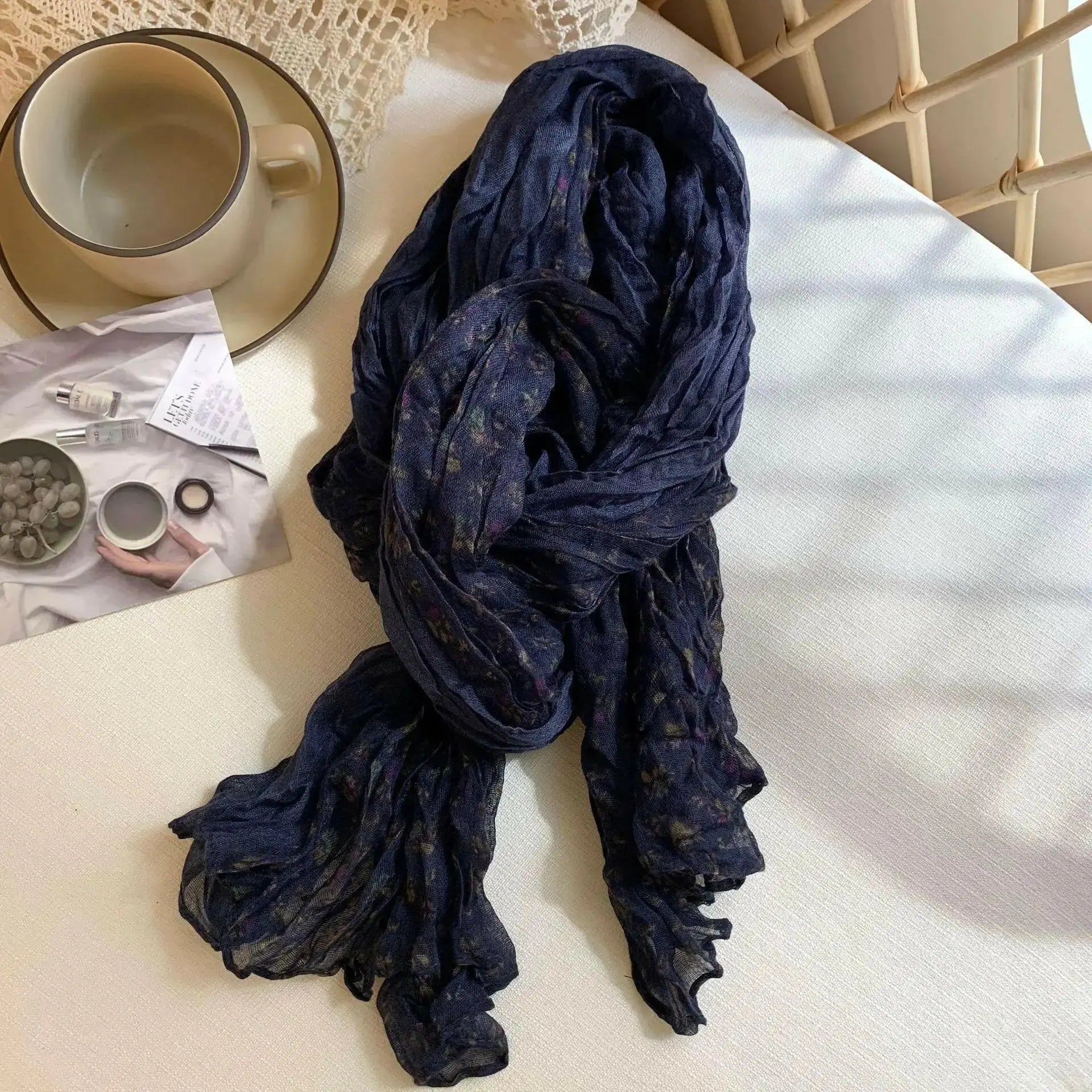 Women's vintage floral cotton and linen scarf with retro print, breathable soft wrap ideal for stylish accessories.