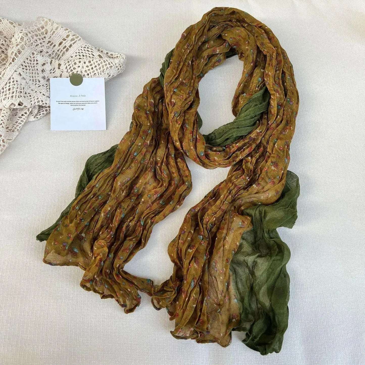 Women's vintage floral cotton linen scarf with retro print, soft breathable fabric, stylish wrap for fashionable women.
