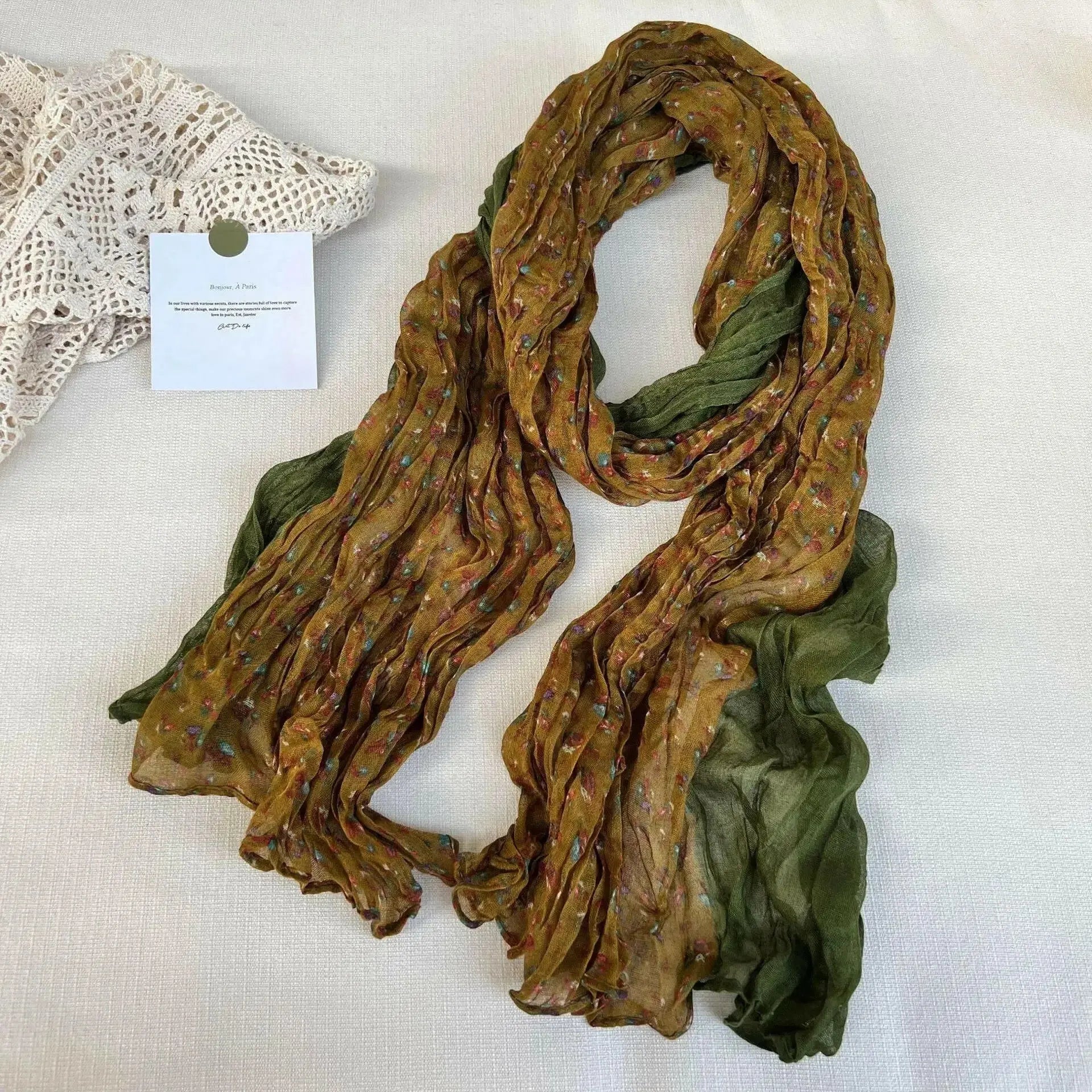 Women's vintage floral cotton linen scarf with retro print, soft breathable fabric, stylish wrap for fashionable women.