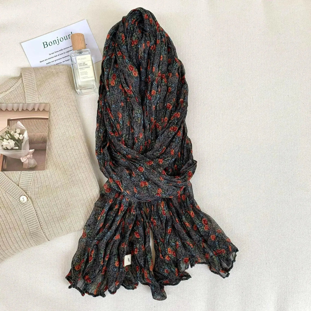 Women's vintage floral cotton linen scarf with retro print, soft and breathable wrap for stylish, feminine accessory.