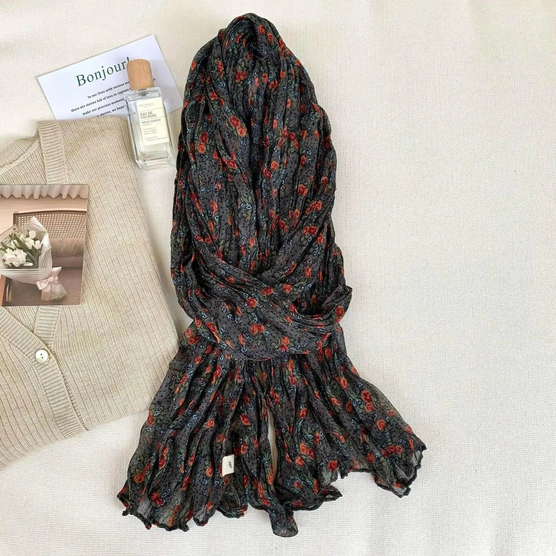 Women's vintage floral cotton linen scarf with retro print, soft and breathable wrap for stylish, feminine accessory.