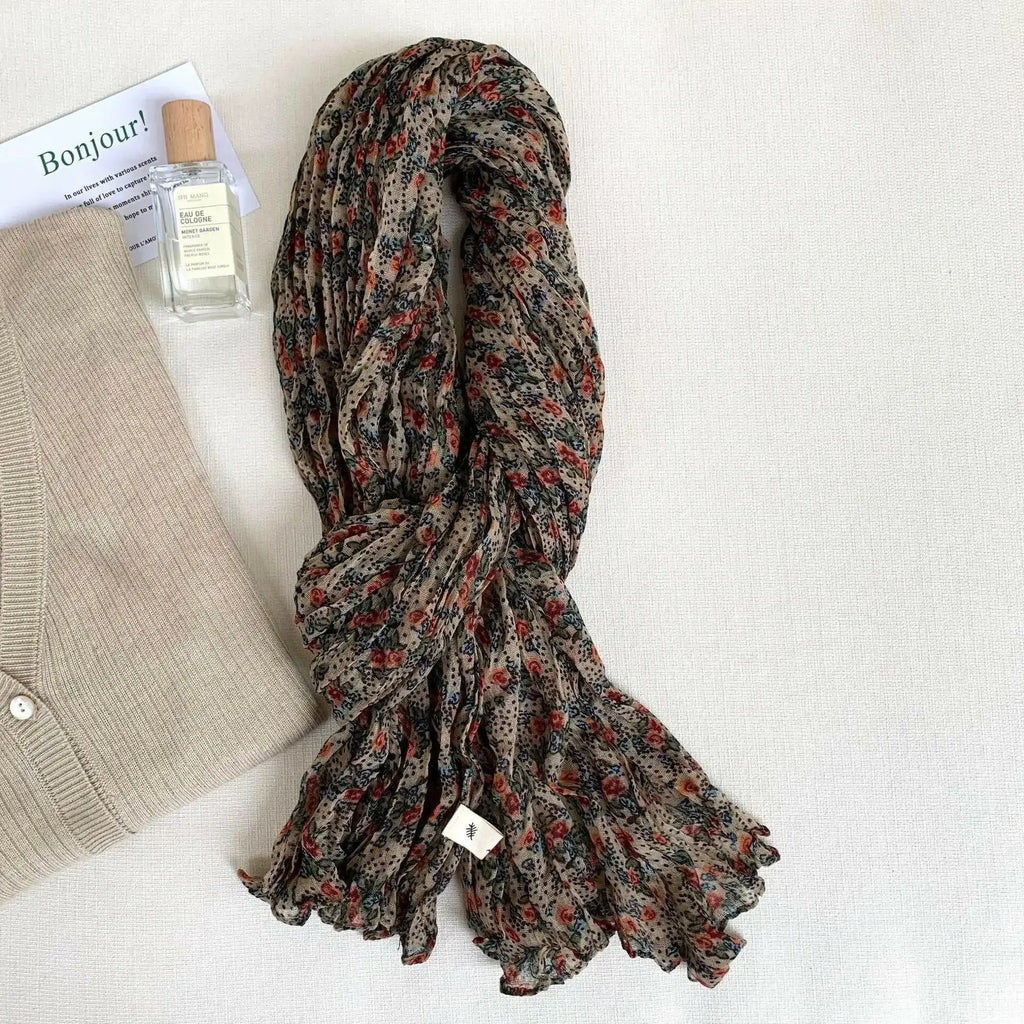 Women's vintage floral cotton linen scarf with retro print, breathable wrap, soft fabric, by Plush Fashion Hub.