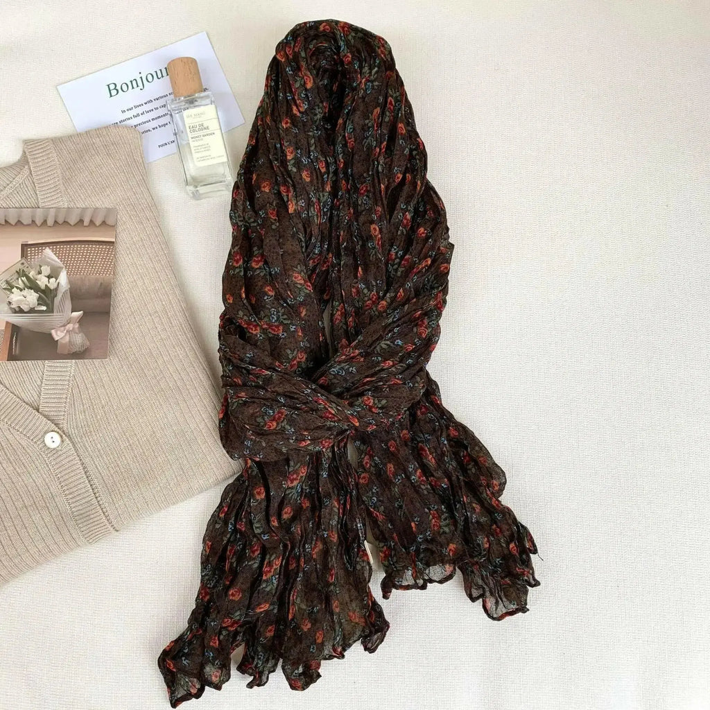 Women's vintage floral cotton and linen scarf with retro print, soft and breathable wrap by Plush Fashion Hub.
