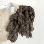 Women's vintage floral cotton linen scarf with retro print, soft and breathable wrap by Plush Fashion Hub.