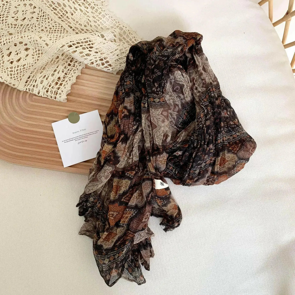 Women's vintage floral cotton linen scarf with retro print, soft breathable fabric, stylish wrap from Plush Fashion Hub.