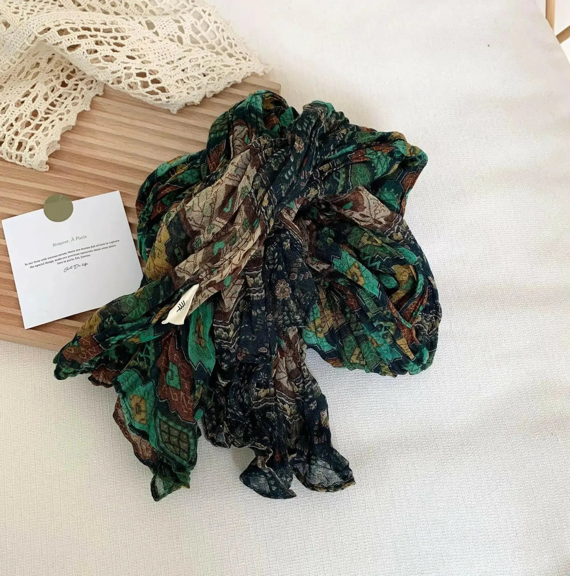 Women's vintage floral cotton and linen scarf with retro print, soft and breathable wrap by Plush Fashion Hub.