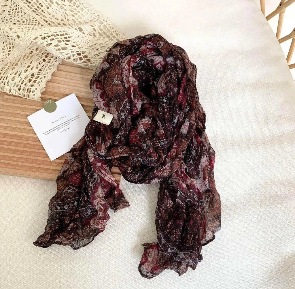 Women's vintage floral cotton and linen scarf with retro print, soft and breathable wrap by Plush Fashion Hub.
