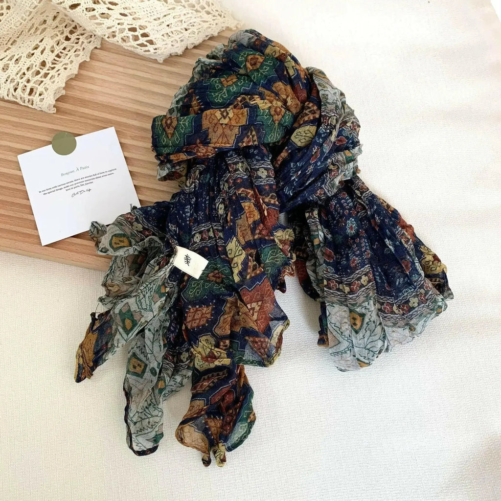 Women's vintage floral cotton and linen scarf with retro print, breathable and soft wrap from Plush Fashion Hub.