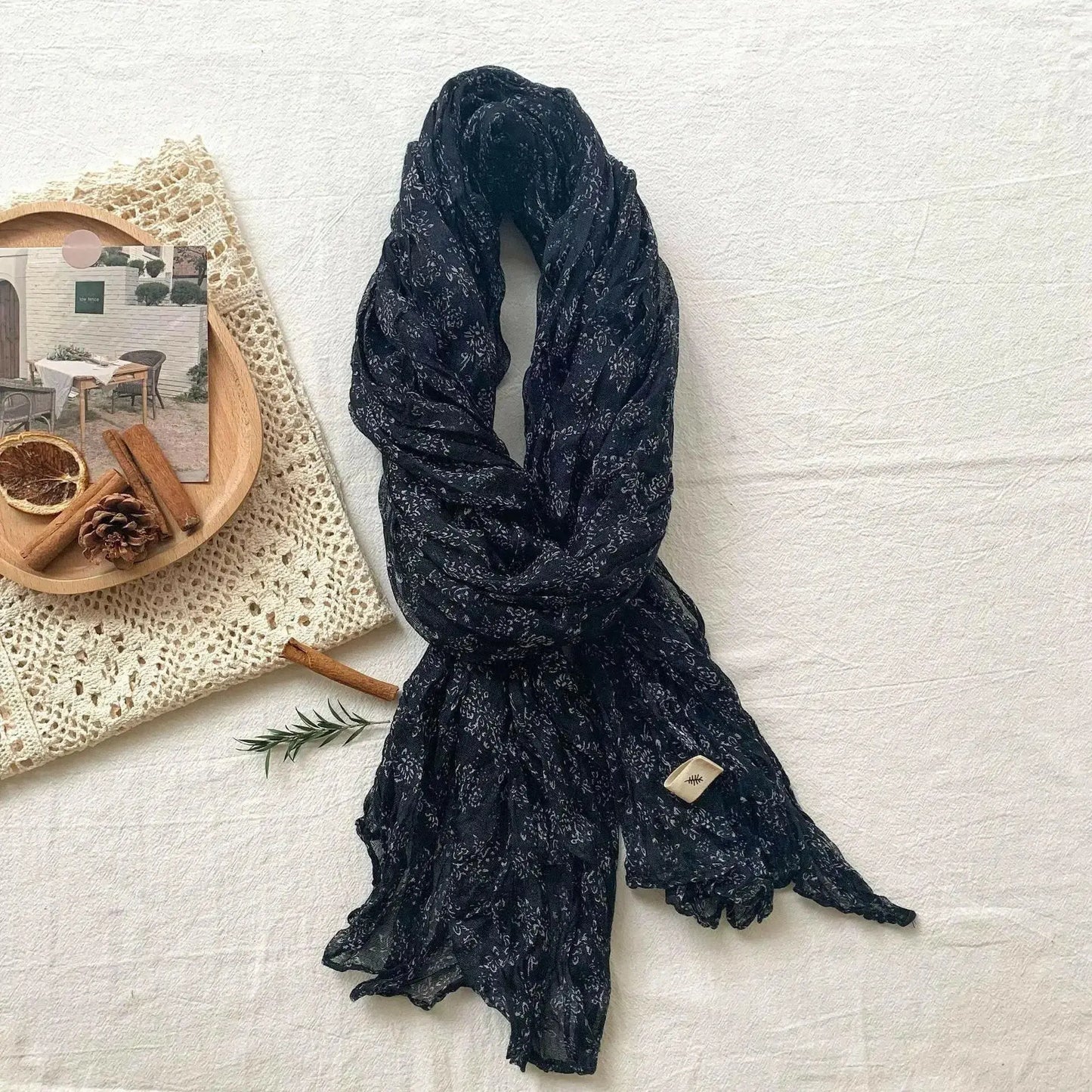 Women's vintage floral cotton linen scarf with retro print, soft and breathable wrap by Plush Fashion Hub.