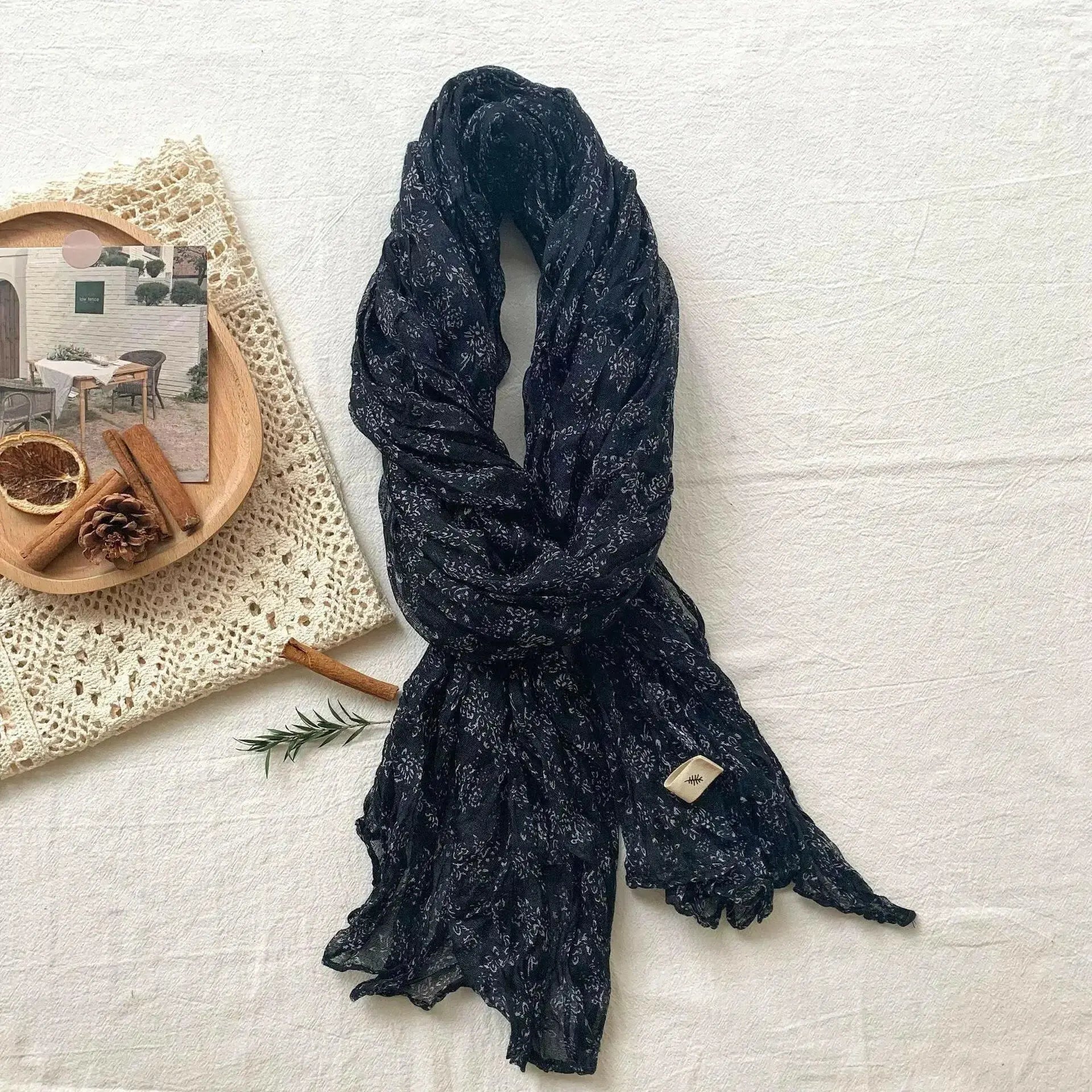 Women's vintage floral cotton linen scarf with retro print, soft and breathable wrap by Plush Fashion Hub.