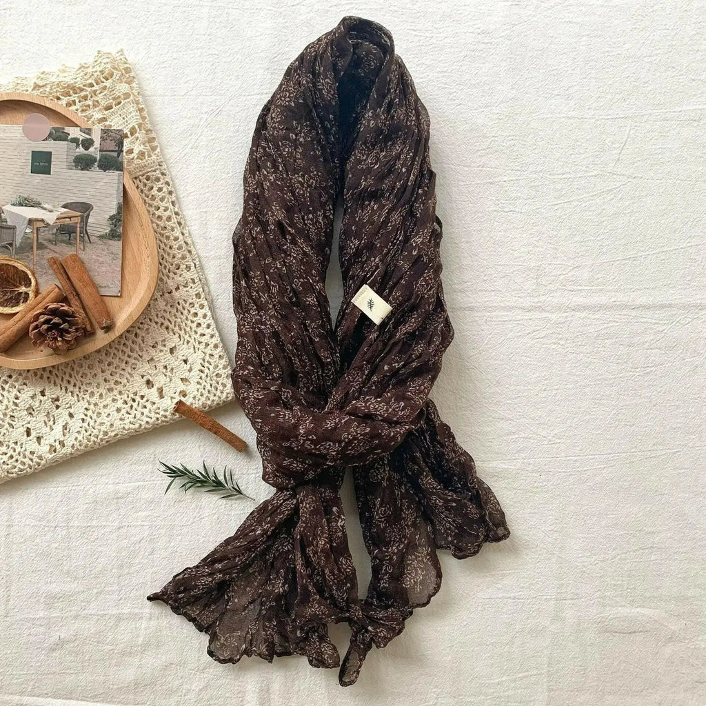 Women's vintage floral cotton linen scarf with retro print, soft breathable fabric, stylish wrap by Plush Fashion Hub.