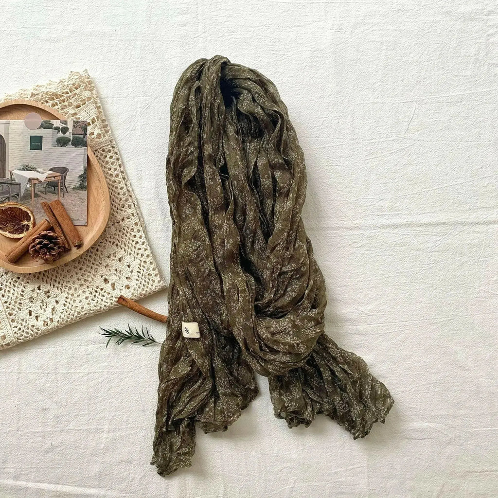 Women's vintage floral cotton linen scarf with retro print, lightweight and breathable wrap from Plush Fashion Hub.