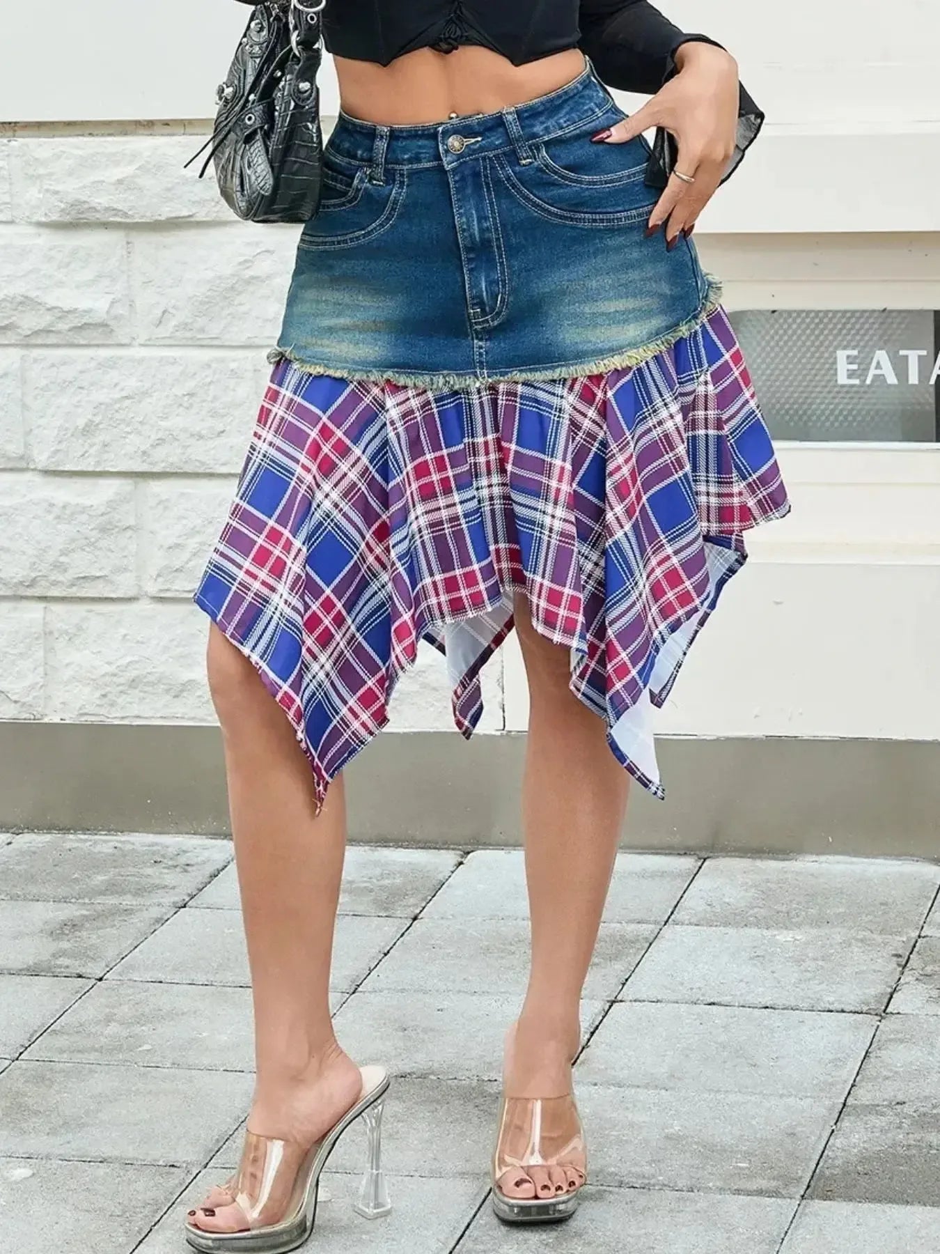 Asymmetric Plaid Hem Denim Skirt - Plush Fashion Hub