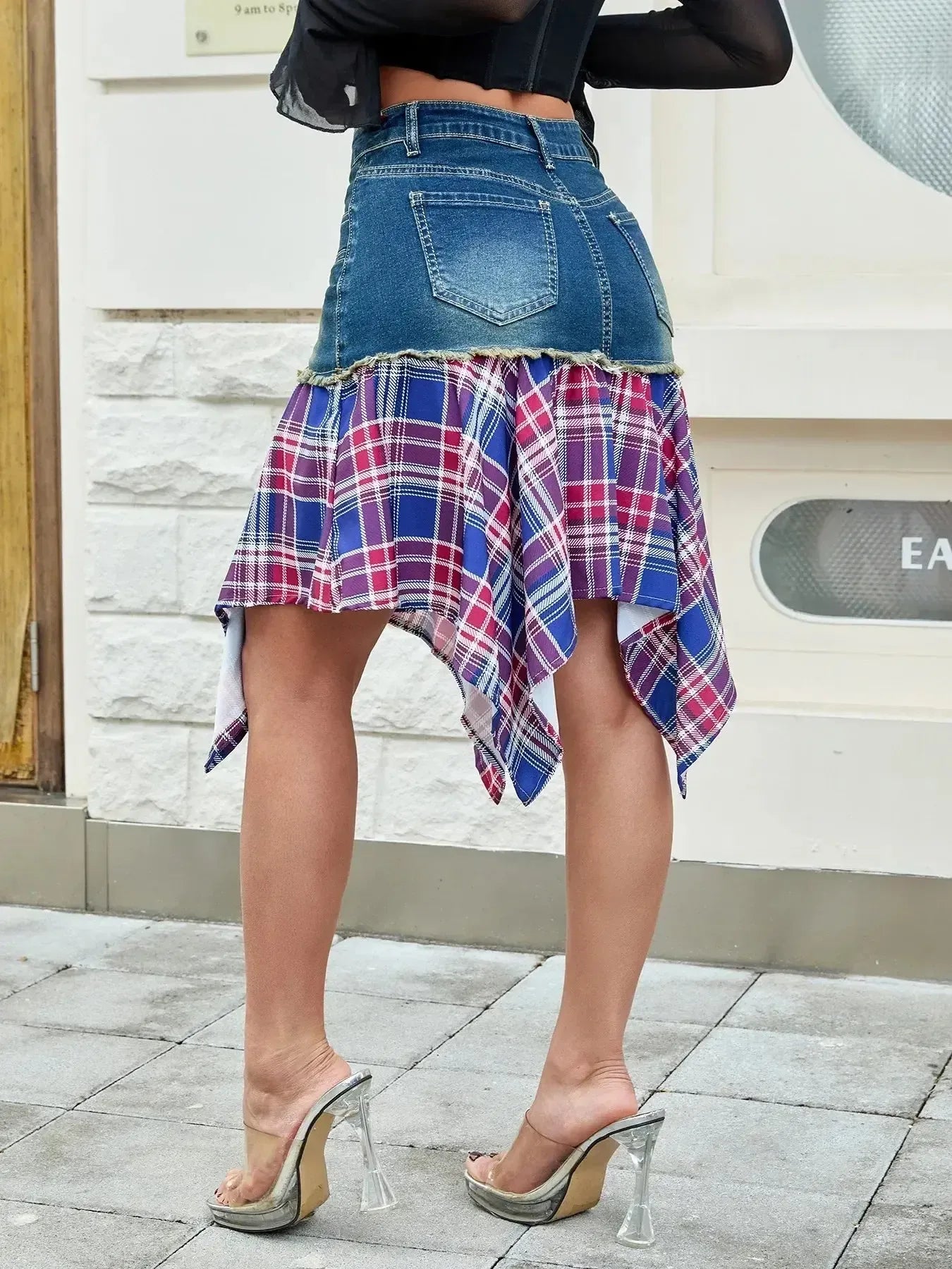 Asymmetric Plaid Hem Denim Skirt - Plush Fashion Hub