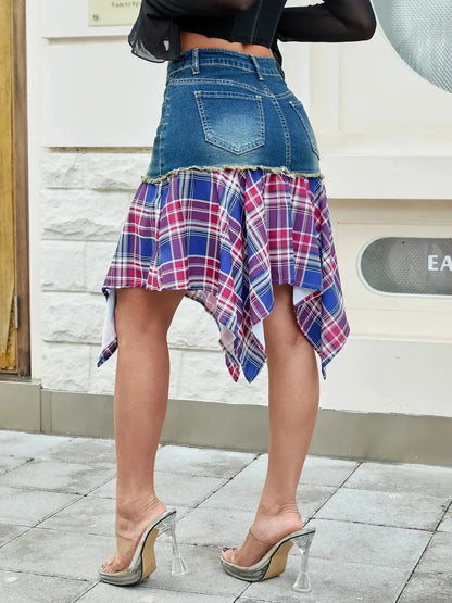 Asymmetric Plaid Hem Denim Skirt - Plush Fashion Hub