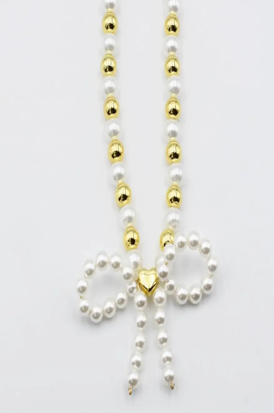 Audrey Bow gold and pearl necklace -clearance - Plush Fashion Hub