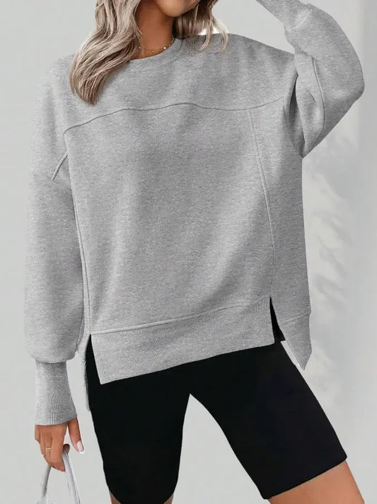 Autumn And Winter Round Neck Long Sleeve Split Casual Loose Sweatshirt - Plush Fashion Hub