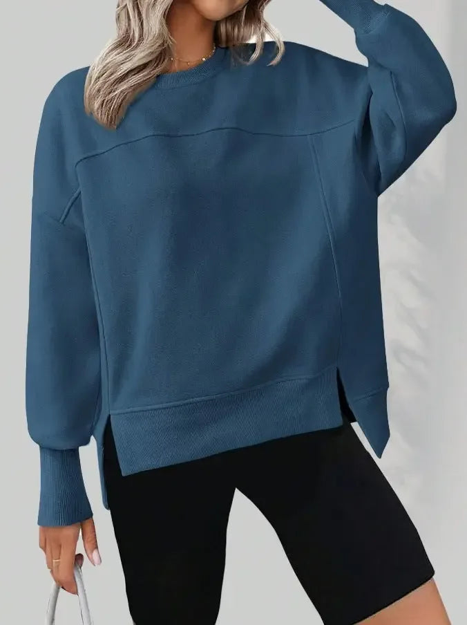 Autumn And Winter Round Neck Long Sleeve Split Casual Loose Sweatshirt - Plush Fashion Hub