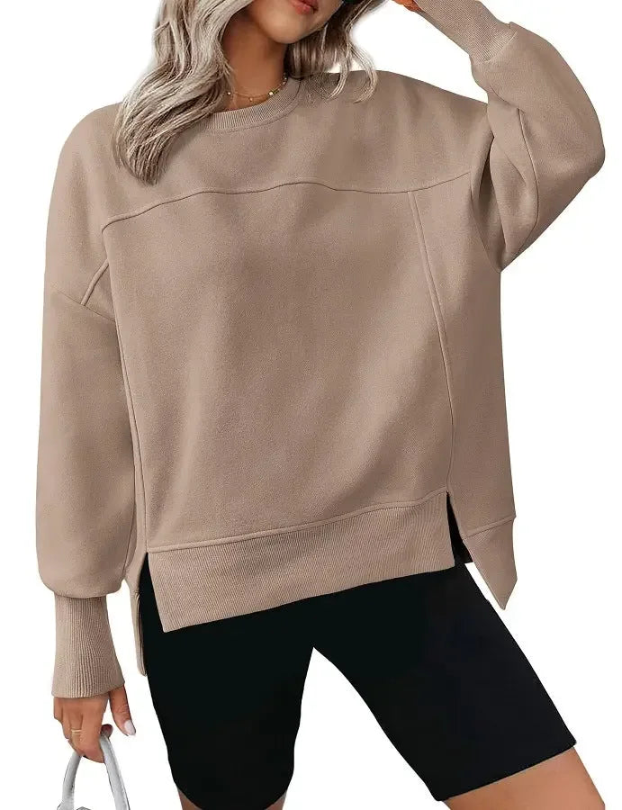 Autumn And Winter Round Neck Long Sleeve Split Casual Loose Sweatshirt - Plush Fashion Hub