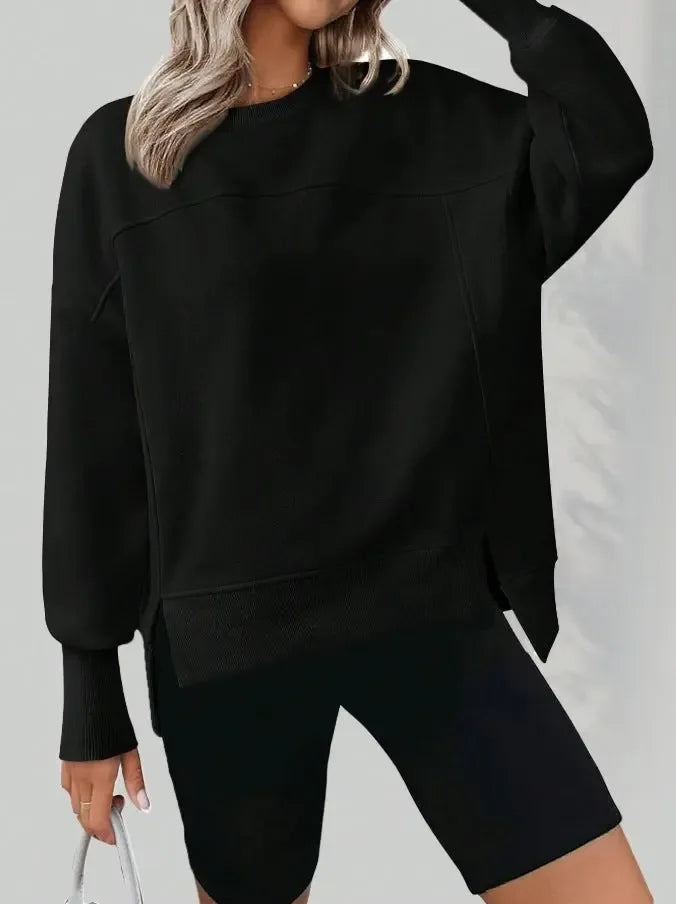 Autumn And Winter Round Neck Long Sleeve Split Casual Loose Sweatshirt - Plush Fashion Hub
