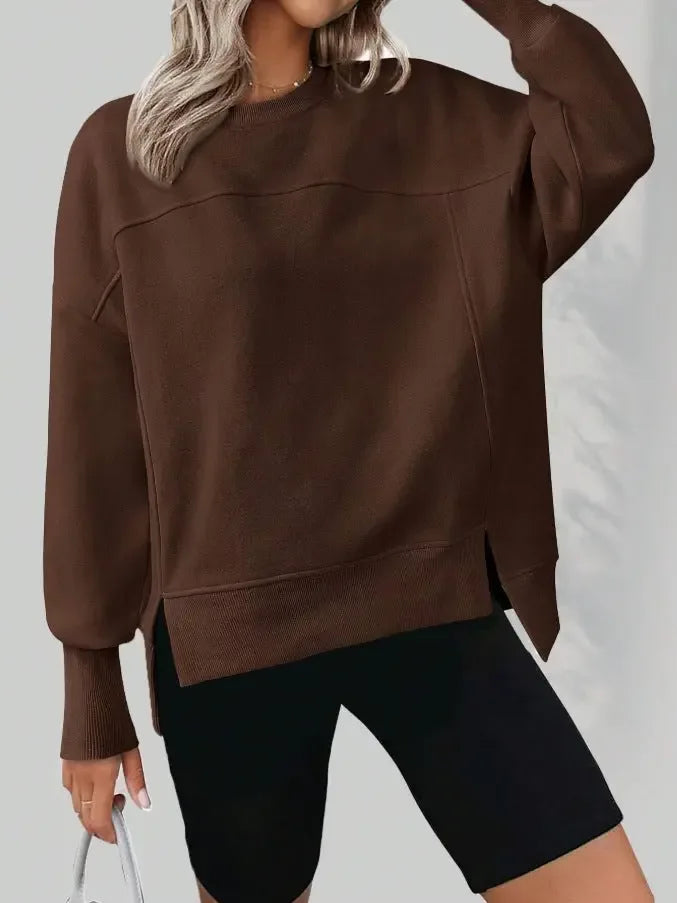 Autumn And Winter Round Neck Long Sleeve Split Casual Loose Sweatshirt - Plush Fashion Hub