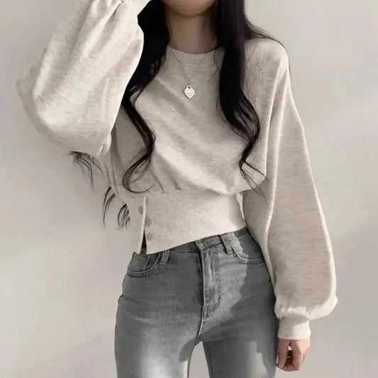 Autumn Crew Neck Button Long Sleeve Short Pullover Sweatshirt Top For Women - Plush Fashion Hub