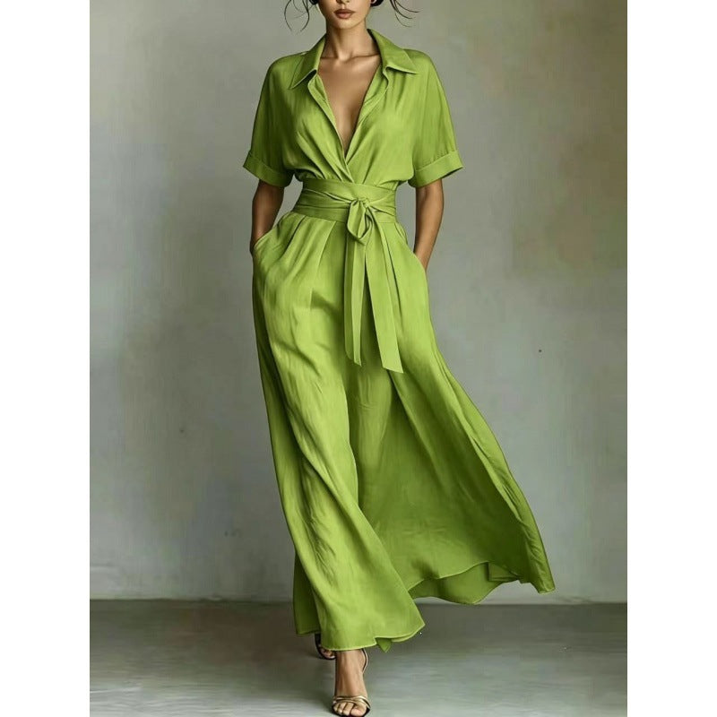 Women's solid color waist-slimming maxi dress with flip collar by FitiqueFit, featuring a flowing silhouette and stylish design.