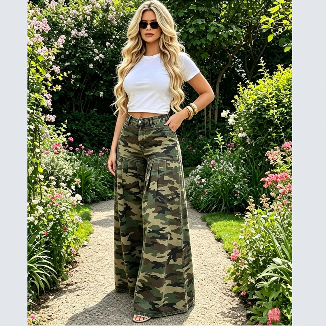 Women’s high-waisted camouflage wide-leg denim jeans with ruffle pleats, stylish and comfortable from Plush Fashion Hub.