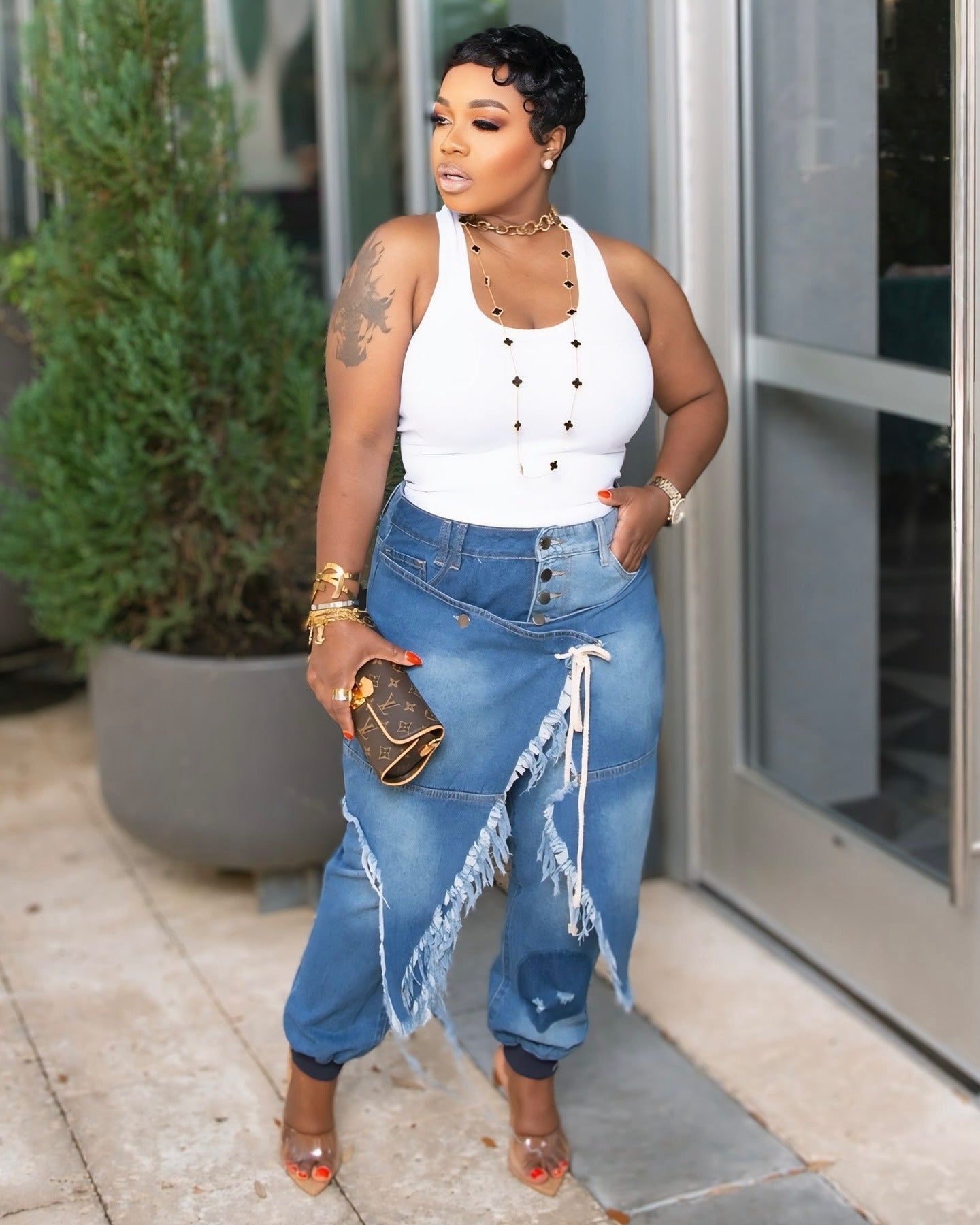 Ripped ribbed slim fit jeans with tie-waist in dark denim, showing distressed details and stylish fit from Plush Fashion Hub.