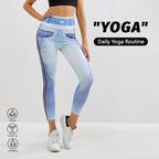 FitiqueFit denim-look peach yoga leggings, slim fit fitness workout pants with a stylish denim appearance and comfortable stretch.