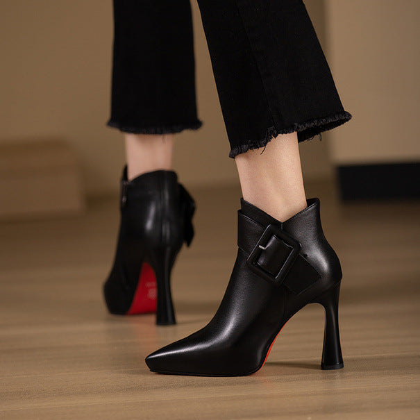 Eprolo faux leather pointed toe high heel ankle boots with buckle detail for women, stylish and chic footwear.