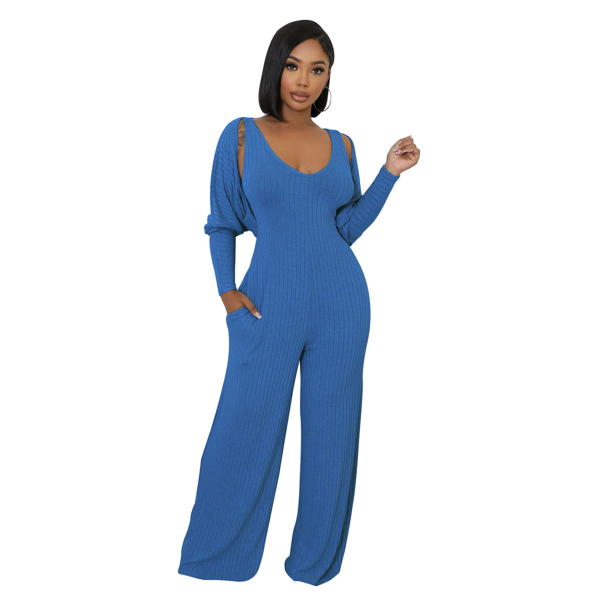 Modern cape-sleeve tailored jumpsuit from Plush Fashion Hub, featuring sleek design and fitted top style.